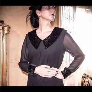 VTG 90’s Black Velvet Peter Pan Collar Sequin Sheer Evening Blouse